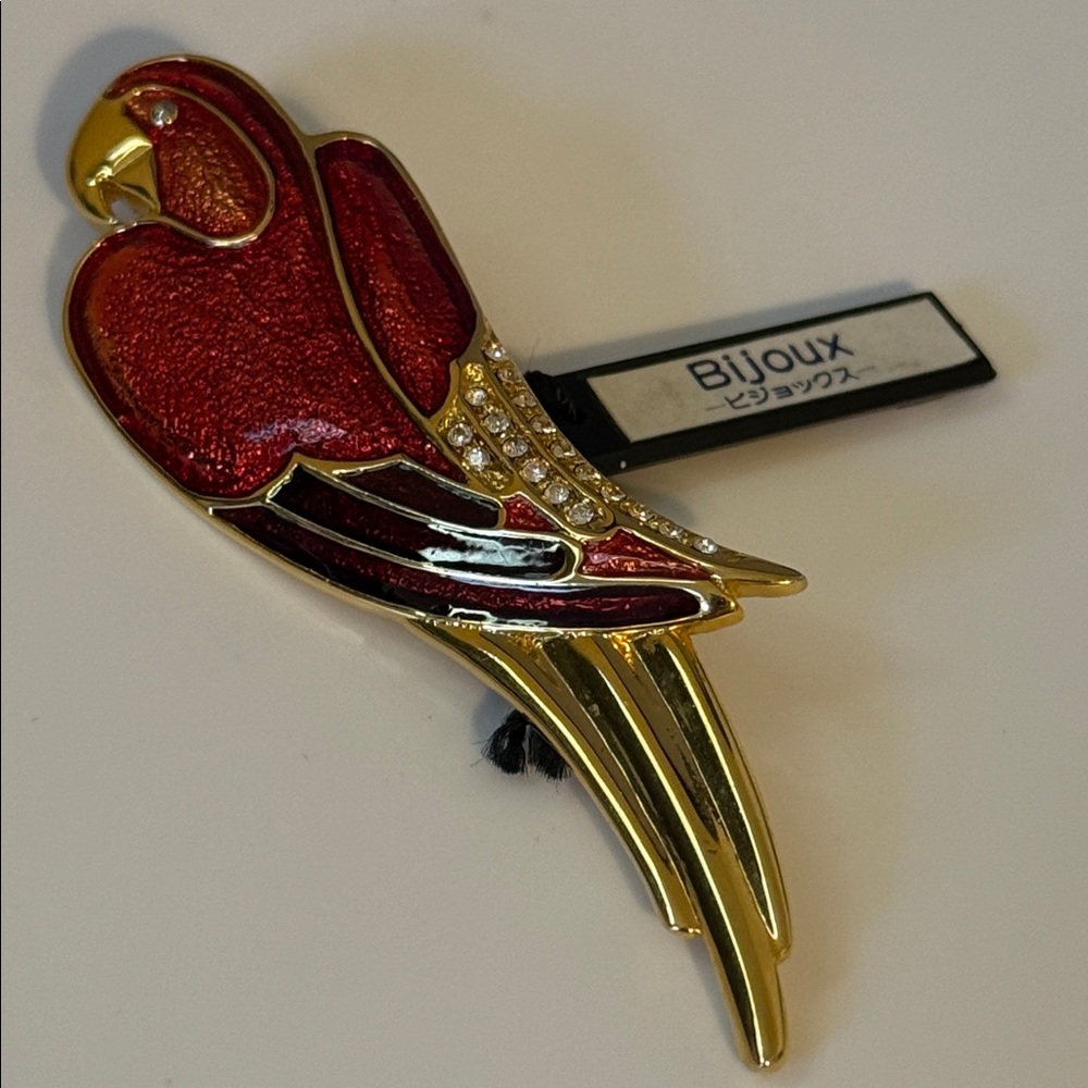 Bijoux Vibrant Red Gold Parrot Pin rhinestone detailing large statement brooch